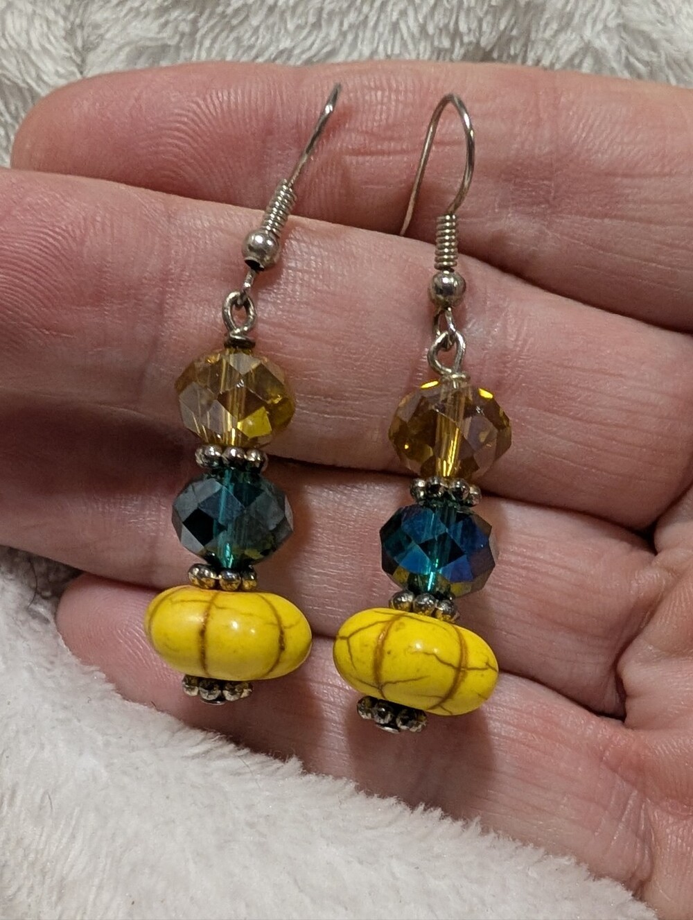 Handcrafted Yellow Bead Dangle Earrings with Faceted Blue and Amber Crystals